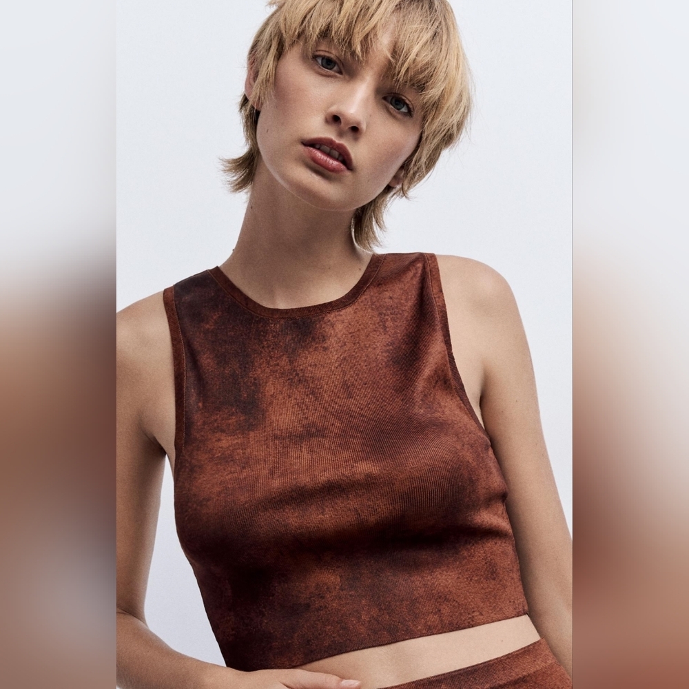 ZARA , ANTIQUE FINISH KNIT CROP TOP, SIZE L,